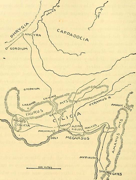 Карта перехода Александра из Анкиры в Тарс и Иссы через Киликийские ворота