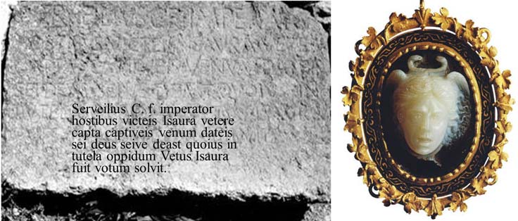 Надпись Сервилия в Старых Исаврах, найденная А. Холлом, об обряде evocatio Медуза Горгона, камея (справа)