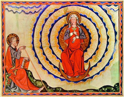 Видение Иоанном «жены, облеченной в солнце». Миниатюра из Апокалипсиса, 13 век, (Bodl. Douce. 180. Fol.)