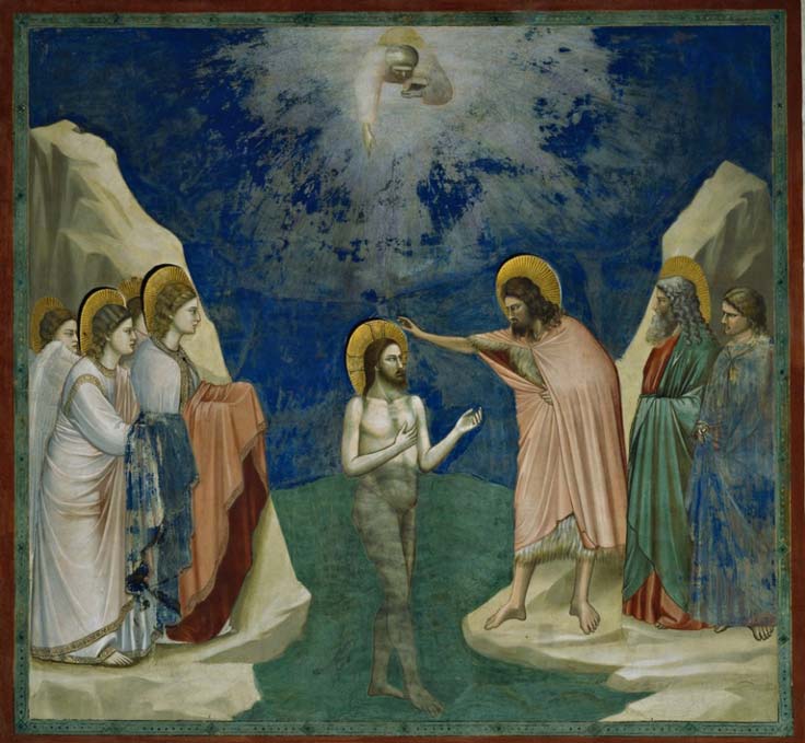 Иоанн окунает Иисуса в присутствии ангелов и учеников, Джотто