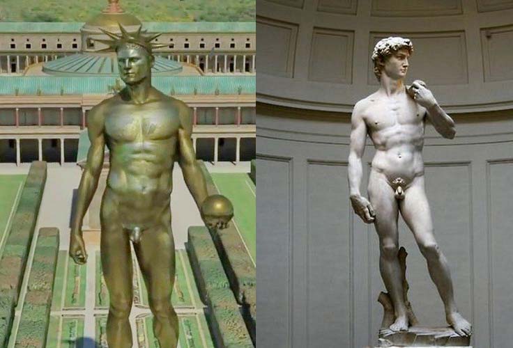 Скульптурные символы двух династий: колосс Нерона, Рим, реконструкция, статуя Давида, Флоренция