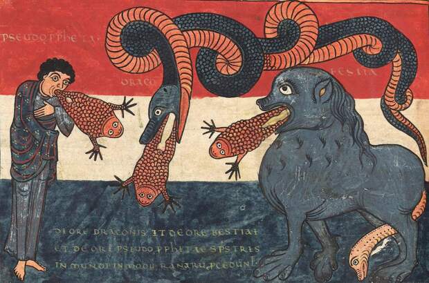 Дракон, зверь и лжепророк с духом нечистым из уст, Беат Лиебанский, 8-й век, Апокалипсис