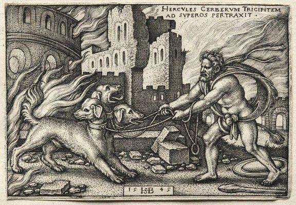 Геракл ведёт Цербера, средневековая гравюра
