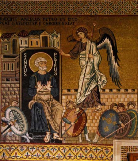 Ангел освобождает Петра из тюрьмы, мозаика, Палатинская капелла, Палермо