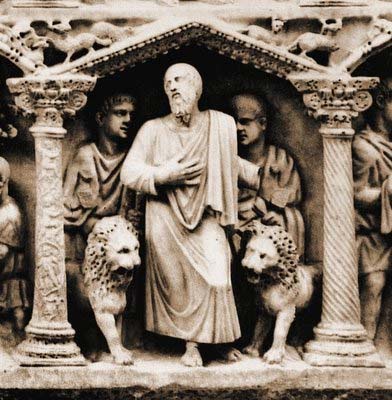 Даниил в Вавилоне со львами, саркофаг Ю. Басса, базилика святого Петра, Рим