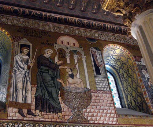 Анания крестит ап. Павла, мозаика, Палермо, Палатинская капелла, 12 век