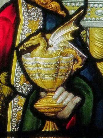 Св. Иоанн и чаша с ядовитым драконом, деталь витража, аббатство Бардни, Англия