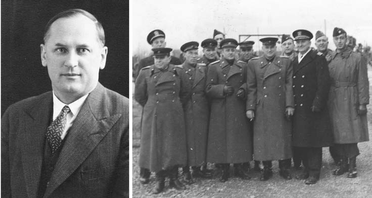 С.Г. Леденев. Ок. 1947 г. (слева) Полковник С.Г. Леденев (3-й справа) с англичанами и американцами во время переговоров по вопросам репараций. Франция, 1946. (справа)
