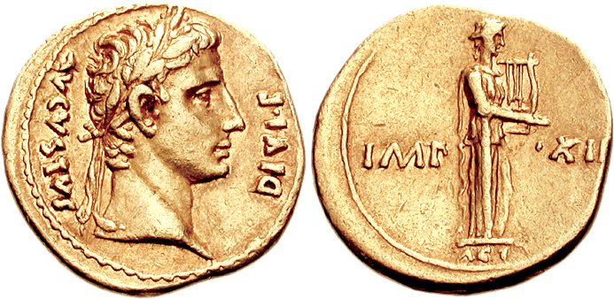 Монета Октавиана в виде Аполлона Актийского (родился 63 г. до н.э, правил 43 г. до н.э. – 14 г. н.э.)