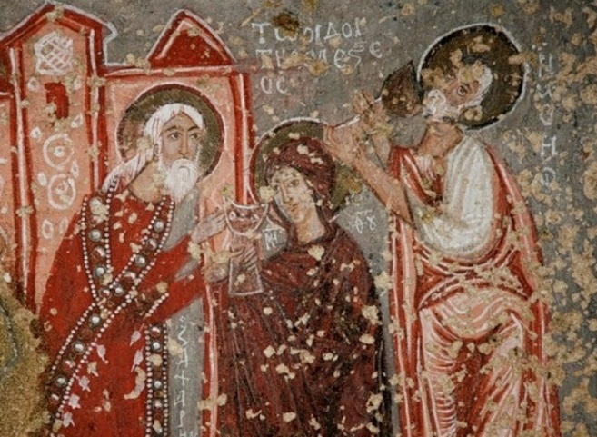 Первосвященник коммагенского храма поит Марию и Иосифа водой обличения